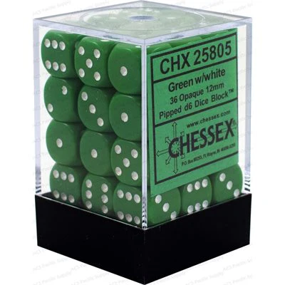 Chessex: 36x D6: 12 mm: Opaque: Green / White