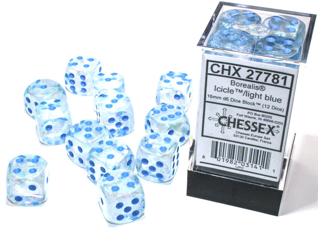 Chessex: Borealis 12D6 Dice Icicle / Light Blue