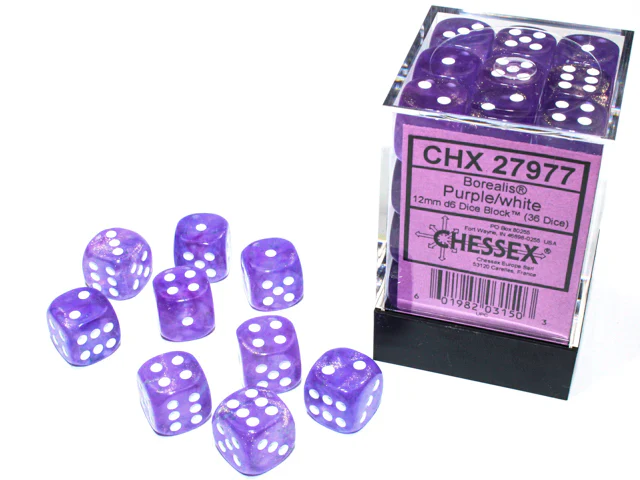 Chessex: Borealis 12mm 36 Dice Purple/white